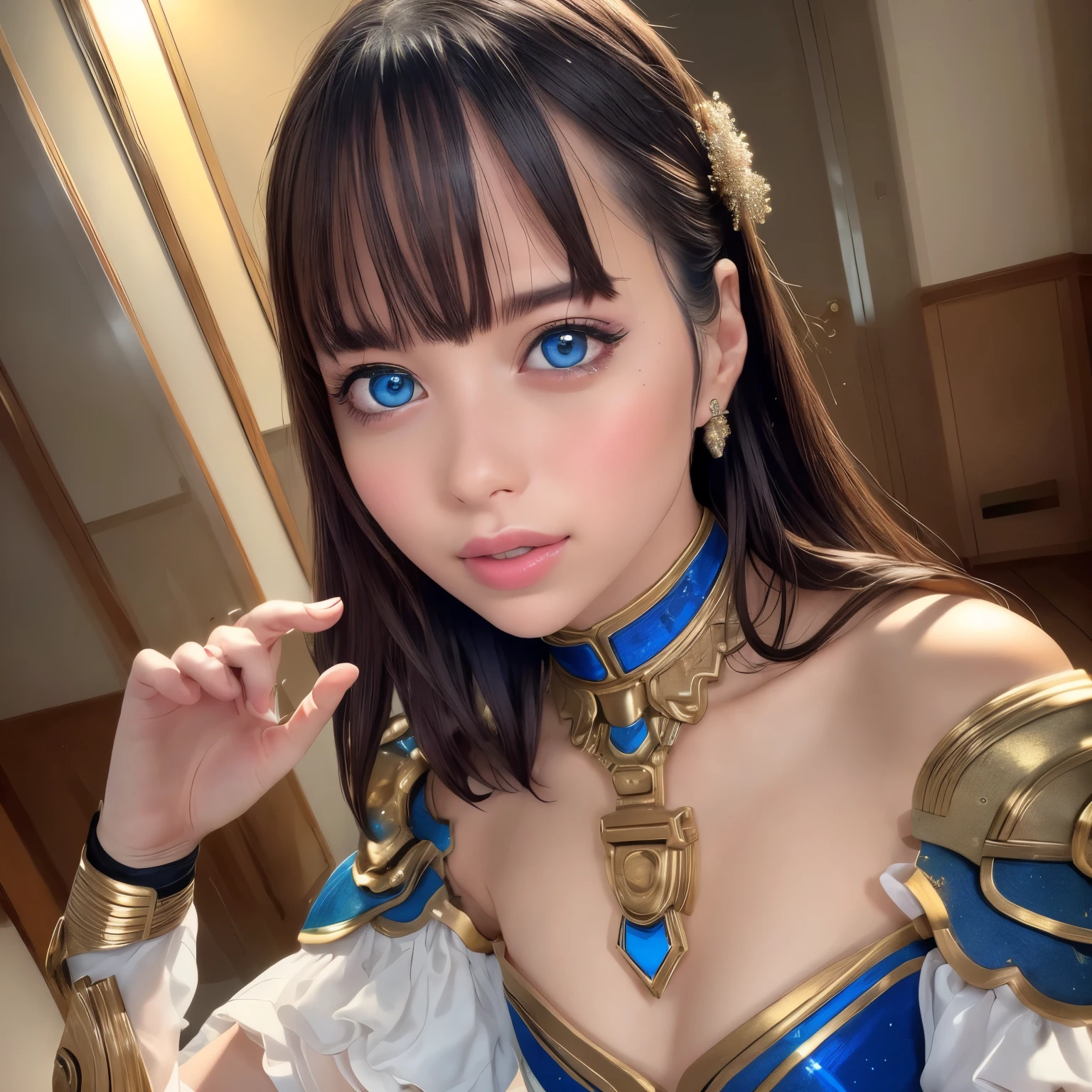 Highest quality, masterpiece, Ultra-high resolution, (Realistic: 1.4), RAW Photos, One girl, Off the shoulder, Cinema Lighting, Kiss pose, Heterochromia iridis, Tenchan