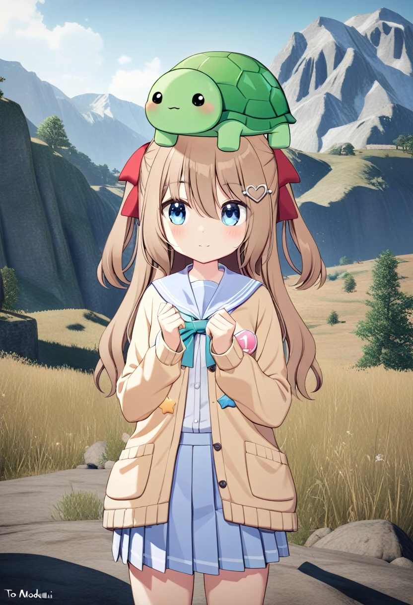 One girl, Dear Neuro,, (yuzu modoki:1.22), To head, animal To head, Cowboy Shot, blue eyes, Aquabow, Yellow cardigan, Open cardigan, Blue sailor collar, Blue Skirt, Pleated skirt, tortoise, heart, button badge, star \(symbol\), Drone, Number of people、Quantity、Total "1" On the badge, Red ribbon, Hair Ribbon, Both sides up, heart hair ornament, Long sleeve, Light brown hair, Natural light, (masterpiece, Highest quality), Detailed landscape, (3D Rendering:0.7), Background 2020 Dodge Charger 4-door, Very detailed, In detail