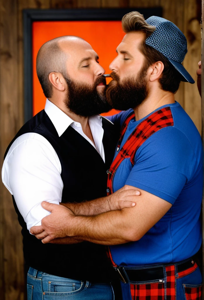 "8KUHD Create a professional studio-style photograph featuring two middle-aged, burly, hairy, beared big daddy bear, and rugged man and his husband in lumberjack outfit. beards, very realistic hair, very realistic beards, very realistic thick neck, very realistic neck lines, very realistic belly, very realistic chest, very realistic strong chest and arms, very realistic hairy chest and arms, very realistic burly body, very realistic mens clothing, very realistic detailed mens clothing. A man and his husband are kissing each other, realistically kissing each other, in a romantic and virile scene. Utilize all appropriate lighting techniques for studio photography. The background should be black." No Deformities, HDR