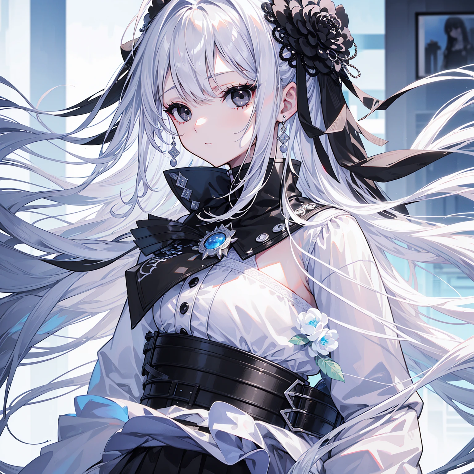 (Top image quality)、(Ultra Detailed)、(Facing forward)、top quality、masterpiece、((((1 girl))))、Silver Hair、white hair、((Long hair))、(black eyes:1.6)