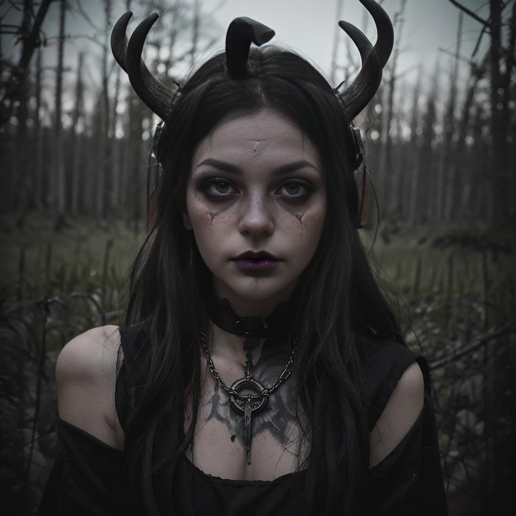 (Best Quality,hight resolution,Masterpiece, portrait:1.2),Ultra-detailed,blonde demon woman with black metal make-up,sickly, standing with a desolated land in the background, she's wearing a viking helmet with deer horns, desolated landscape in the background, black dripping make up, black metal make-up, demon woman with deer horns, close up portrait, viking witch aesthetic, nordic traits, cinematic portrait shot, horror vibes, centered subject,gloomy ecstasy,fetish,dark gloomy atmosphere, creepy atmosphere, gritty texture,Retro-atmosphere,warped reality,melancholic expression on his face,mysterious aura,foggy atmosphere,foggy background,Subtle color palette,provocative pose,Strong emotions,Coming Out of the Depths of Despair,Piercing gaze,intense shadows,Plunged in Darkness,dark industrial aesthetic,ominous vibe,A supernatural sensation,Loss of Place in Time and Space,Eerie silence.asymmetrical hair, freckles, blonde hair, Bangs, freckles, gray eyes,