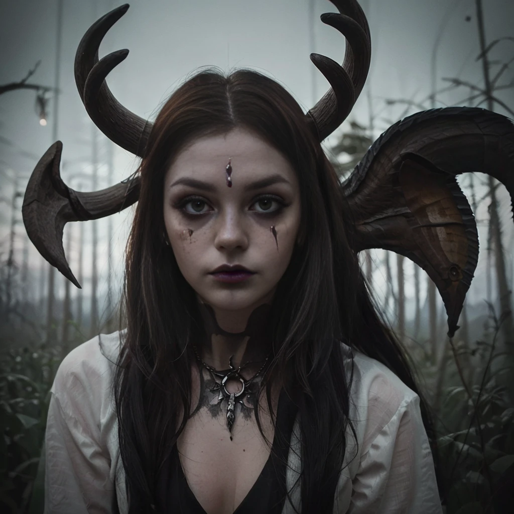 (Best Quality,hight resolution,Masterpiece, portrait:1.2),Ultra-detailed,blonde demon woman with black metal make-up,sickly, standing with a desolated land in the background, she's wearing a viking helmet with deer horns, desolated landscape in the background, black dripping make up, black metal make-up, demon woman with deer horns, close up portrait, viking witch aesthetic, nordic traits, cinematic portrait shot, horror vibes, centered subject,gloomy ecstasy,fetish,dark gloomy atmosphere, creepy atmosphere, gritty texture,Retro-atmosphere,warped reality,melancholic expression on his face,mysterious aura,foggy atmosphere,foggy background,Subtle color palette,provocative pose,Strong emotions,Coming Out of the Depths of Despair,Piercing gaze,intense shadows,Plunged in Darkness,dark industrial aesthetic,ominous vibe,A supernatural sensation,Loss of Place in Time and Space,Eerie silence.asymmetrical hair, freckles, blonde hair, Bangs, freckles, gray eyes,