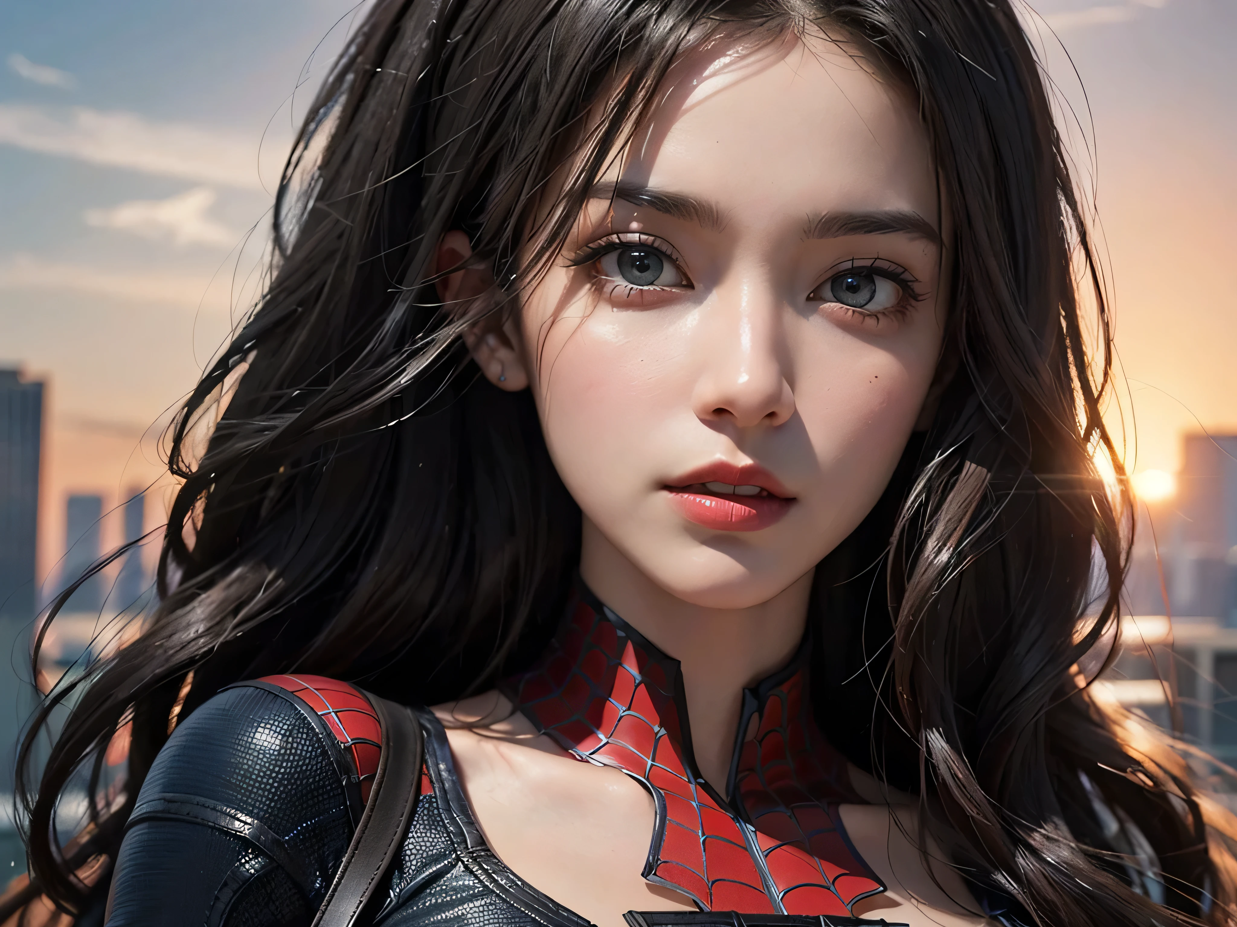 ((best quality)), ((masterpiece)), (detailed), woman 40 years old, She wears Spider-Man suit, ((Very detailed eyes and face)))), super beautiful body, she is giant and taller than the skyscrapers on both Her sides, the sun is at sunrise