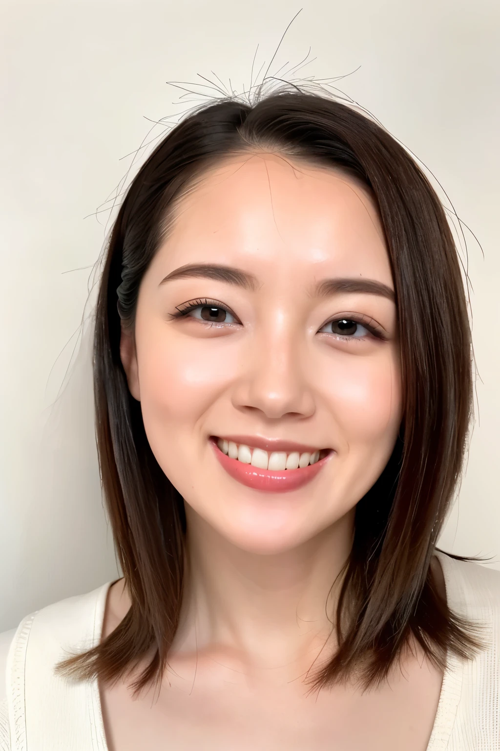 (Highest quality、Tabletop、、Best image quality)、1 female、(Face close-up:1.3)、The best smile、Smiling with beautiful teeth、(Standing with a blank white wall:1.5)、Ultra HD Glowing Bright Skin、Shiny, Moisturized Skin、Ultra HD Shining Eyes、Natural Makeup、Perfect Anatomy、Blurred Background、Sculpture Pose