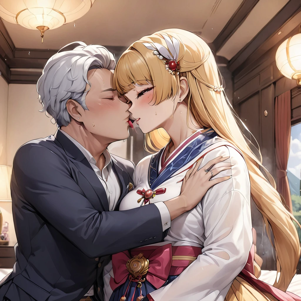 ((Highest quality)), ((masterpiece)), (detailed), (Perfect Face)、The woman is Korean Tsukino Usagi, and in a luxurious Korean mansion, she is wearing a gorgeous and dazzling traditional Korean dress called a hanbok, a gorgeous hair ornament, gorgeous jeweled accessories, and an engagement ring. The woman and the man are passionately embracing and kissing passionately on a luxurious, large bed in a luxurious room, and the two are passionately making love as husband and wife.、The woman is the elegant Tsukino Usagi, a Korean woman with long blonde hair in a chignon twin tail, wearing the traditional Korean dress, Chima Chogori.、The man is a dignified, sturdy middle-aged Korean man wearing the traditional Korean dress, Hanbok.