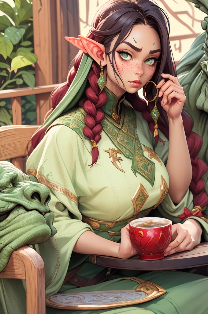 Orc, long hair in red braids, very green eyes, freckles, thin lips, round face, medium breasts, wide hips, wearing black elf warrior clothes, imposing and distinguished, beautiful and arrogant female elf, serious and superior elf, sitting at a table in a tavern drinking a mug of beer and being admired by several adventurers