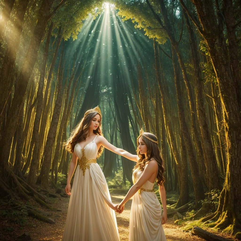 art photo, upper body close up, Hyper realistic photography, beautiful women in white and gold dresses with well-defined faces, crowns, holding hands and surrounded by rays of light, forming a circle around Aphrodite, the Greek goddess, with a glowing halo above her head and a fantasy forest in the style of Emily Barivette in the background. A glowing halo, the background a fantastical forest in the style of Emily Balivet.