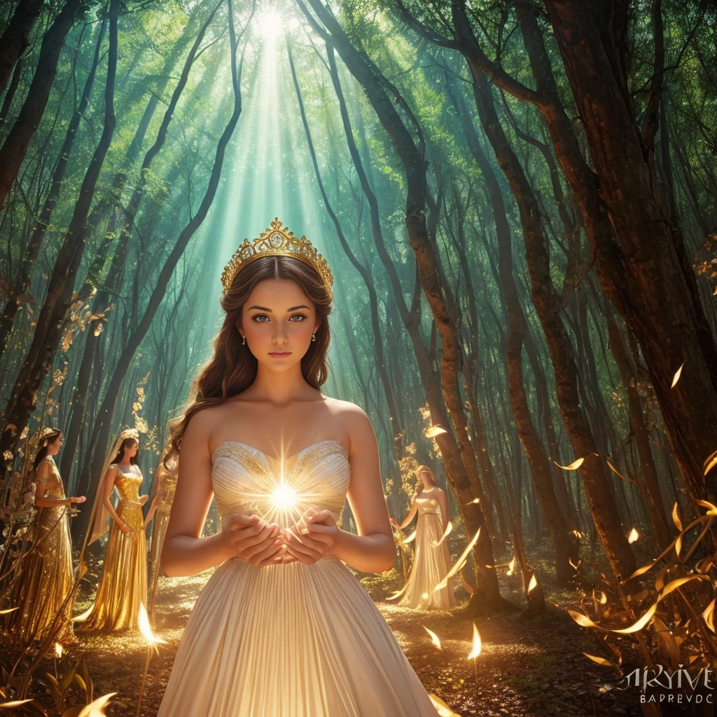 art photo, upper body close up, Hyper realistic photography, beautiful women in white and gold dresses with well-defined faces, crowns, holding hands and surrounded by rays of light, forming a circle around Aphrodite, the Greek goddess, with a glowing halo above her head and a fantasy forest in the style of Emily Barivette in the background. A glowing halo, the background a fantastical forest in the style of Emily Balivet.