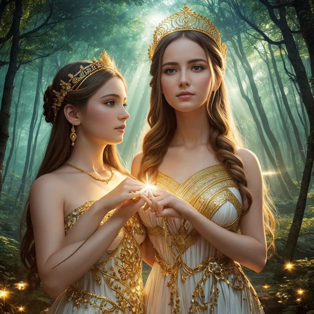 art photo, upper body close up, Hyper realistic photography, beautiful women in white and gold dresses with well-defined faces, crowns, holding hands and surrounded by rays of light, forming a circle around Aphrodite, the Greek goddess, with a glowing halo above her head and a fantasy forest in the style of Emily Barivette in the background. A glowing halo, the background a fantastical forest in the style of Emily Balivet.