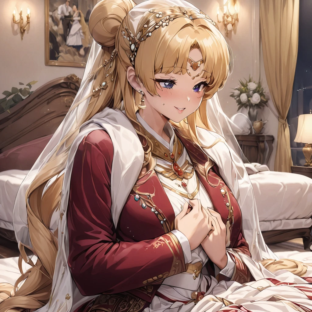 ((Highest quality)), ((masterpiece)), (detailed), （Perfect Face）、The woman is an Italian named Tsukino Usagi, and in a luxurious Italian mansion, she is wearing the gorgeous and glittering Italian traditional Sardinian costume, a lavishly decorated velvet jacket, a long veil, gorgeous jeweled accessories and an engagement ring. The woman and the man are on a luxurious large bed in a luxurious room, and the woman is passionately embracing and passionately kissing the dignified, bearded middle-aged man wearing the Italian traditional costume, making passionate love as husband and wife.、The woman is the elegant Tsukino Usagi, with long blonde hair in a chignon twin tail, wearing a velvet jacket decorated with the Italian national costume of Sardinia, and a long veil.、The man is a dignified, muscular, bearded Italian man dressed in Italian national dress.