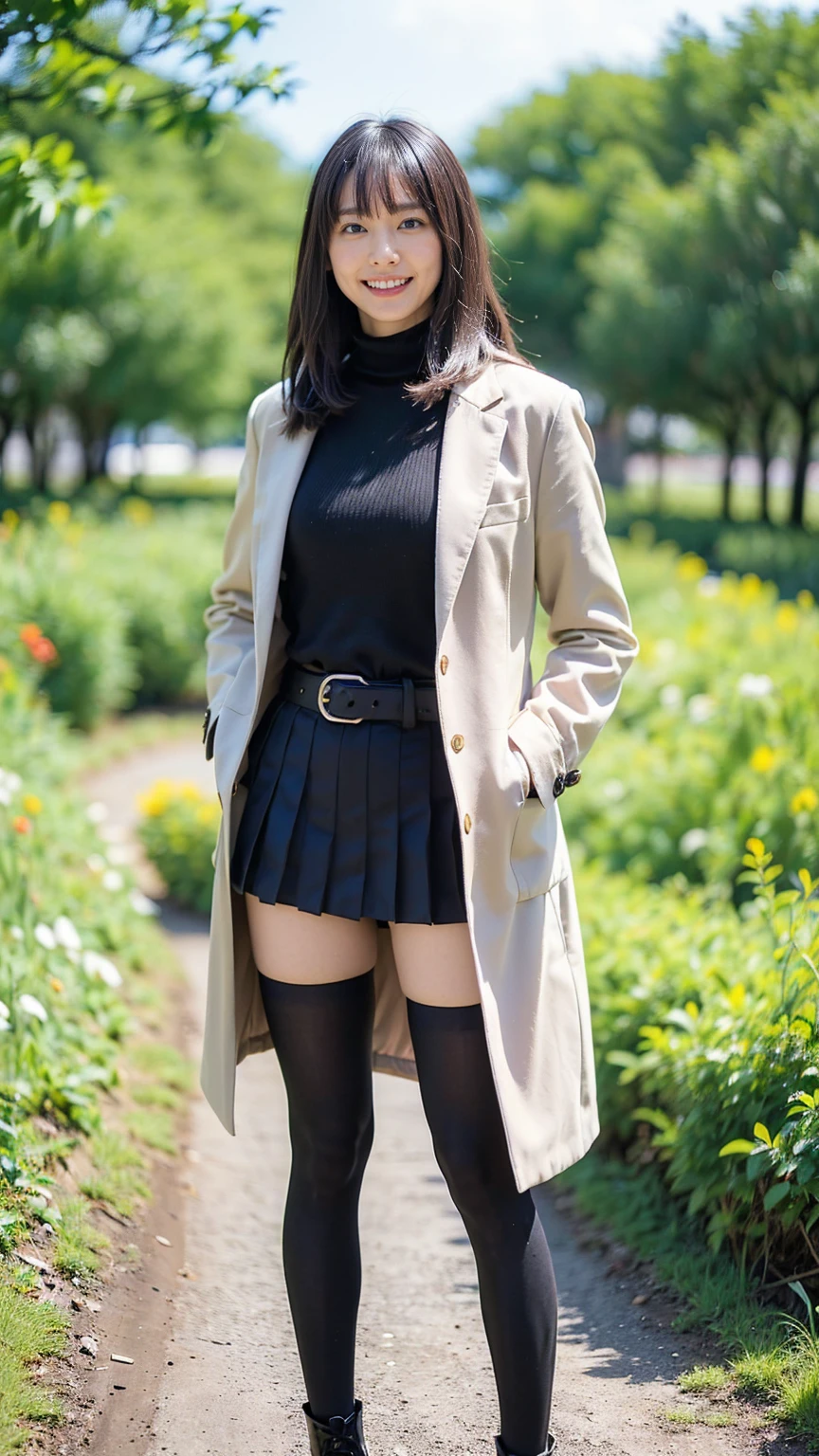 (8K、RAW Photos、Highest quality、masterpiece:1.2)、(Realistic、Realistic)、1 Girl、((Check mini skirt、Long coat、Medium Hair、black、Thin legs、whole body、boots、blackいコート、one piece、tights、garden、View from the front、smile、Looking into the camera、belt、Stand with hands on hips))、cute