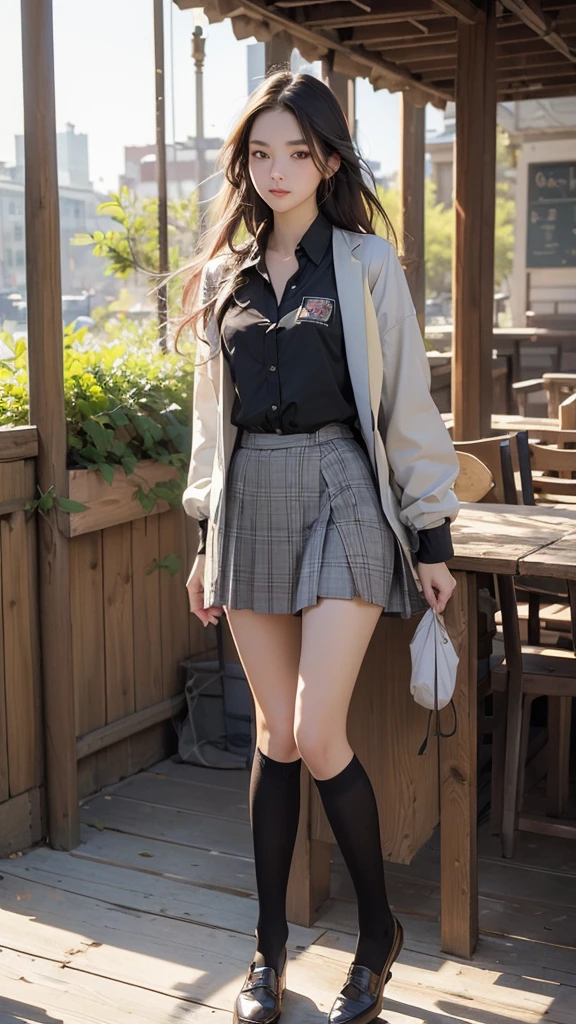 (masterpiece, Highest quality, Super detailed, Absurd:1.5), One girl, (sexy, Beautiful woman, Perfect Face, Perfect Eyes, Perfect female body, Medium chest:1.5), (sch00ll3gw4rm, Jacket, tie, Checked skirt, (Checkered leg warmers), loafers, long hair, [blonde|black|brown] hair, 前hair, ), (Are standing, Outdoor, University campus, University Campus), Perfect lighting, Smooth, High resolution