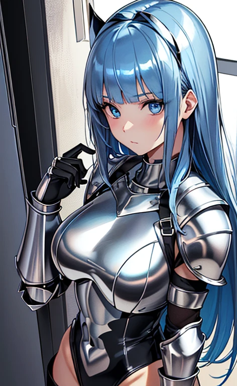 (close to viewer:1.5)、(masterpiece:1.5、Photorealistic:1.4,anime coloring:1.4、high resolution:1.4)、,(spot light:1.2、Exquisite beautiful eye:1.5,)、(stand:1.5)、()、(upper body:1.5)、
(kind eyes、tareme:1.4),()、(Cute Face)、(blue hair:1.5)、(middle hair:1.5),(sidelock :1.6),(blunt bangs:1.3),(1 girl)、(blue eyes:1.2)、(clear face:1.5),()、(solo)、(chromium　metal black :1.5) ,(Abdominal muscles),(large breasts),(),(leotard armor:1.5),(Leg guard)、()、()、Slim Body(),Shiny Hair、
