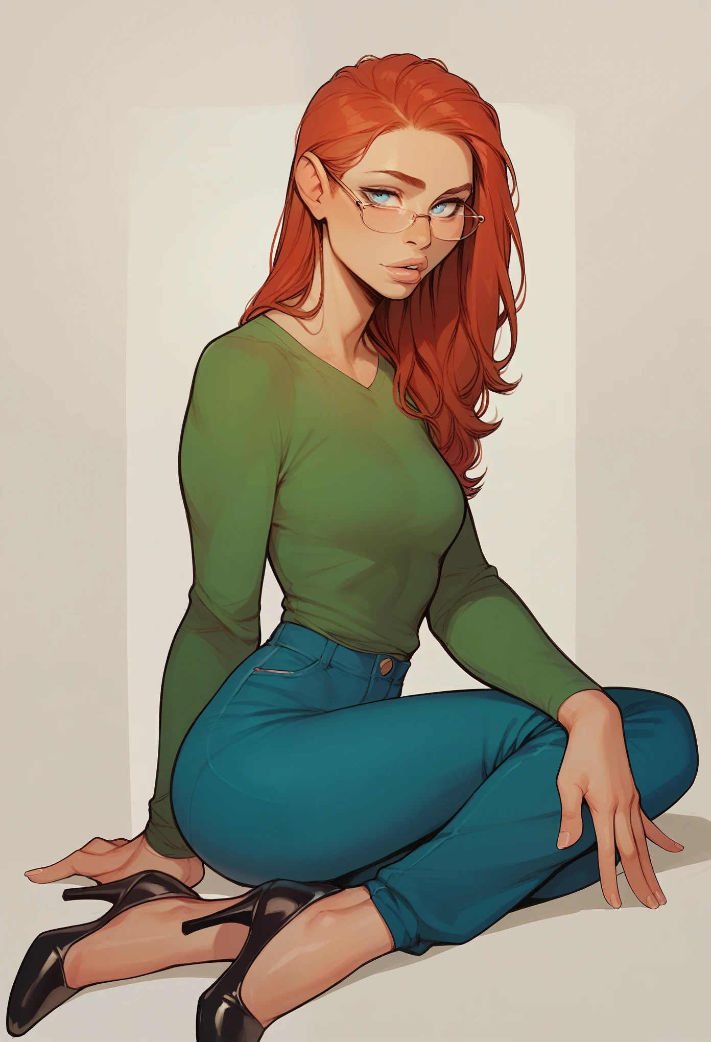 score_9, score_8_up, score_7_up, score_6_up, art of a woman, pale, smooth skin, blue eyes, long straight red hair, full lips, slender physique, green t-shirt, glasses, blue pants, black heels
