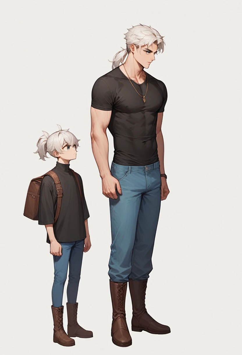 1 guy, white hair in a ponytail, black Eye color, blue pants, Brown boots, black shirt, White background, standing straight