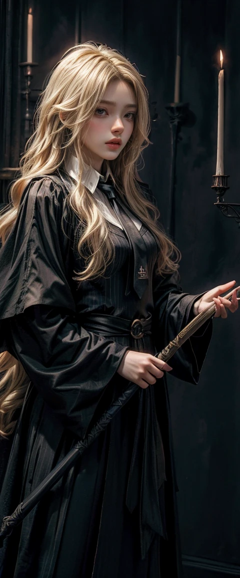 Witch Girl,Long, light blonde hair,Light blonde hair,Black-blue witch ,Wear a blue-black striped tie., Holding a magic wand to cast spells ,Highest quality, Highest picture quality, high resolution, realistic, 8K, Highly detailed,In a small dark medieval room
