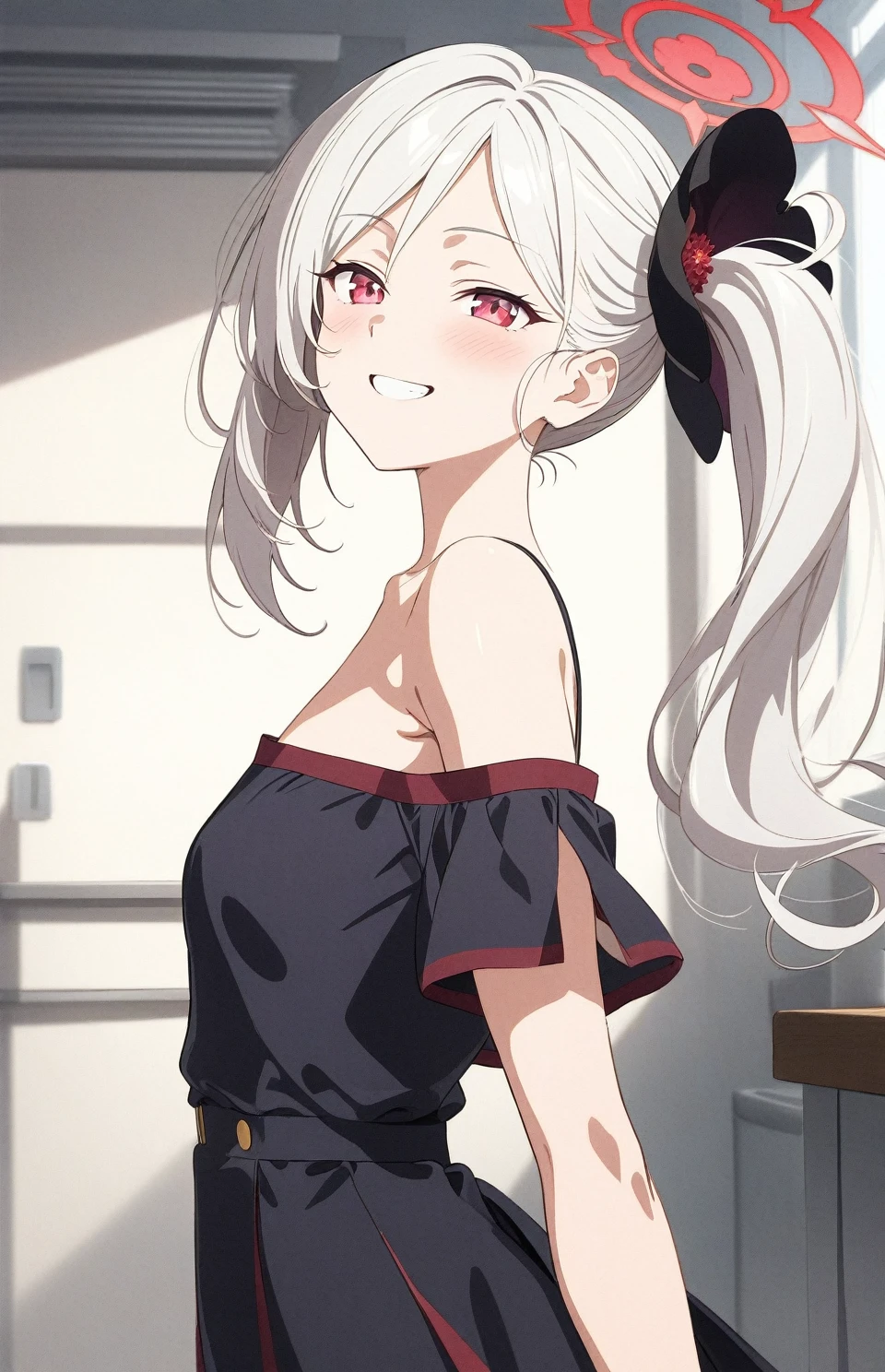 best quality, amazing quality, very aesthetic, absurdres, (1girl, mutsuki, blue archive, solo, red eyes, white hair, side ponytail), (realistic face:0.7),(off-shoulder dress:2), (grin, blush, thigh:1.3), (cowboy shot), (glowing eyes:1.1), (half closed eyes:0.9), (from side:2),(from above:0.2), (kitchen), expressive eyes, perfect face, 4k, extremely detailed anime illustration, extremely detailed eyes, perfect anatomy, light rays, extremely delicate body, smooth skin, (school background:1.5), clear eyes, beautiful face, small breasts,(anime style:1.5), (Chiaroscuro:1.5), (highres:2), cinematic