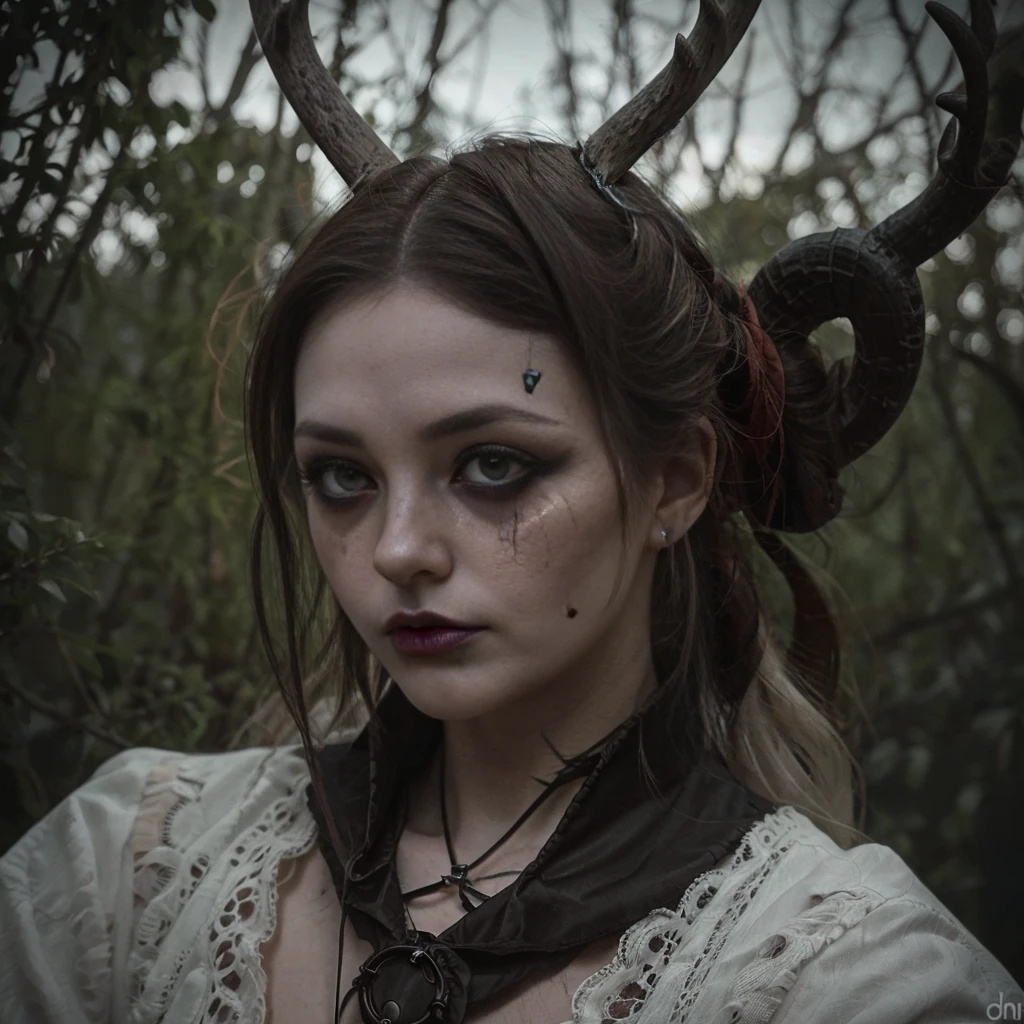 (Best Quality,hight resolution,Masterpiece, portrait:1.2),Ultra-detailed,blonde demon woman with black metal make-up,sickly, standing with a desolated land in the background, she's wearing a viking helmet with deer horns, desolated landscape in the background, black dripping make up, black metal make-up, demon woman with deer horns, close up portrait, viking witch aesthetic, nordic traits, cinematic portrait shot, horror vibes, centered subject,gloomy ecstasy,fetish,dark gloomy atmosphere, creepy atmosphere, gritty texture,Retro-atmosphere,warped reality,melancholic expression on his face,mysterious aura,foggy atmosphere,foggy background,Subtle color palette,provocative pose,Strong emotions,Coming Out of the Depths of Despair,Piercing gaze,intense shadows,Plunged in Darkness,dark industrial aesthetic,ominous vibe,A supernatural sensation,Loss of Place in Time and Space,Eerie silence.asymmetrical hair, freckles, blonde hair, Bangs, freckles, gray eyes,