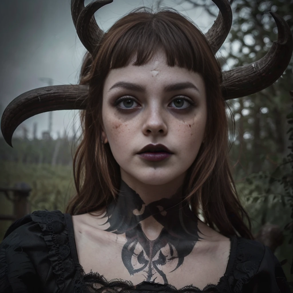 (Best Quality,hight resolution,Masterpiece, portrait:1.2),Ultra-detailed,blonde demon woman with black metal make-up,sickly, standing with a desolated land in the background, she's wearing a viking helmet with deer horns, desolated landscape in the background, black dripping make up, black metal make-up, demon woman with deer horns, close up portrait, viking witch aesthetic, nordic traits, cinematic portrait shot, horror vibes, centered subject,gloomy ecstasy,fetish,dark gloomy atmosphere, creepy atmosphere, gritty texture,Retro-atmosphere,warped reality,melancholic expression on his face,mysterious aura,foggy atmosphere,foggy background,Subtle color palette,provocative pose,Strong emotions,Coming Out of the Depths of Despair,Piercing gaze,intense shadows,Plunged in Darkness,dark industrial aesthetic,ominous vibe,A supernatural sensation,Loss of Place in Time and Space,Eerie silence.asymmetrical hair, freckles, blonde hair, Bangs, freckles, gray eyes,