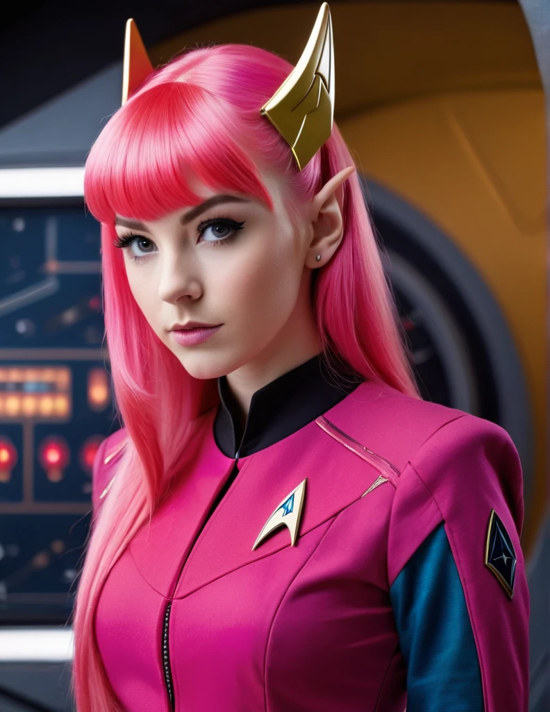 very attractive 25 year old girl with long bright pink hair, wearing star trek uniform, pointed vulcan ears, photo quality