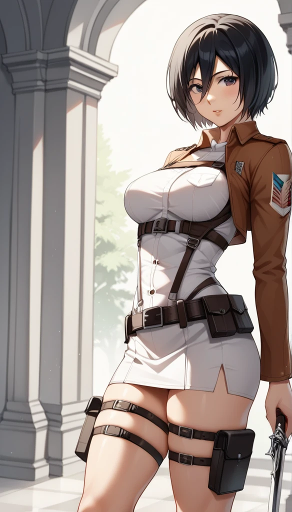 score_9, score_8_up, score_7_up, BREAK source_anime, adult mikasa ackerman, black eyes, black hair, short hair, medium breasts, military uniform, armor, belt, thigh strap,sexy shrots