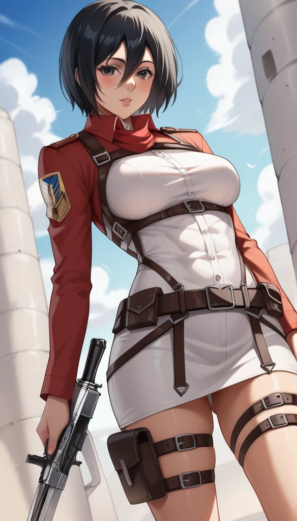 score_9, score_8_up, score_7_up, BREAK source_anime, adult mikasa ackerman, black eyes, black hair, short hair, medium breasts, military uniform, armor, belt, thigh strap,sexy shrots