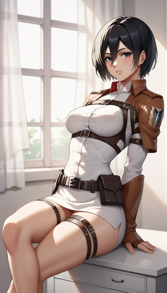 score_9, score_8_up, score_7_up, BREAK source_anime, adult mikasa ackerman, black eyes, black hair, short hair, medium breasts, military uniform, armor, belt, thigh strap,sexy shrots