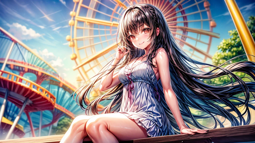 amusement park , One Girl , Black Hair , Long Hair , Brown eyes , smile , summer , Date , Cute Anime Girl