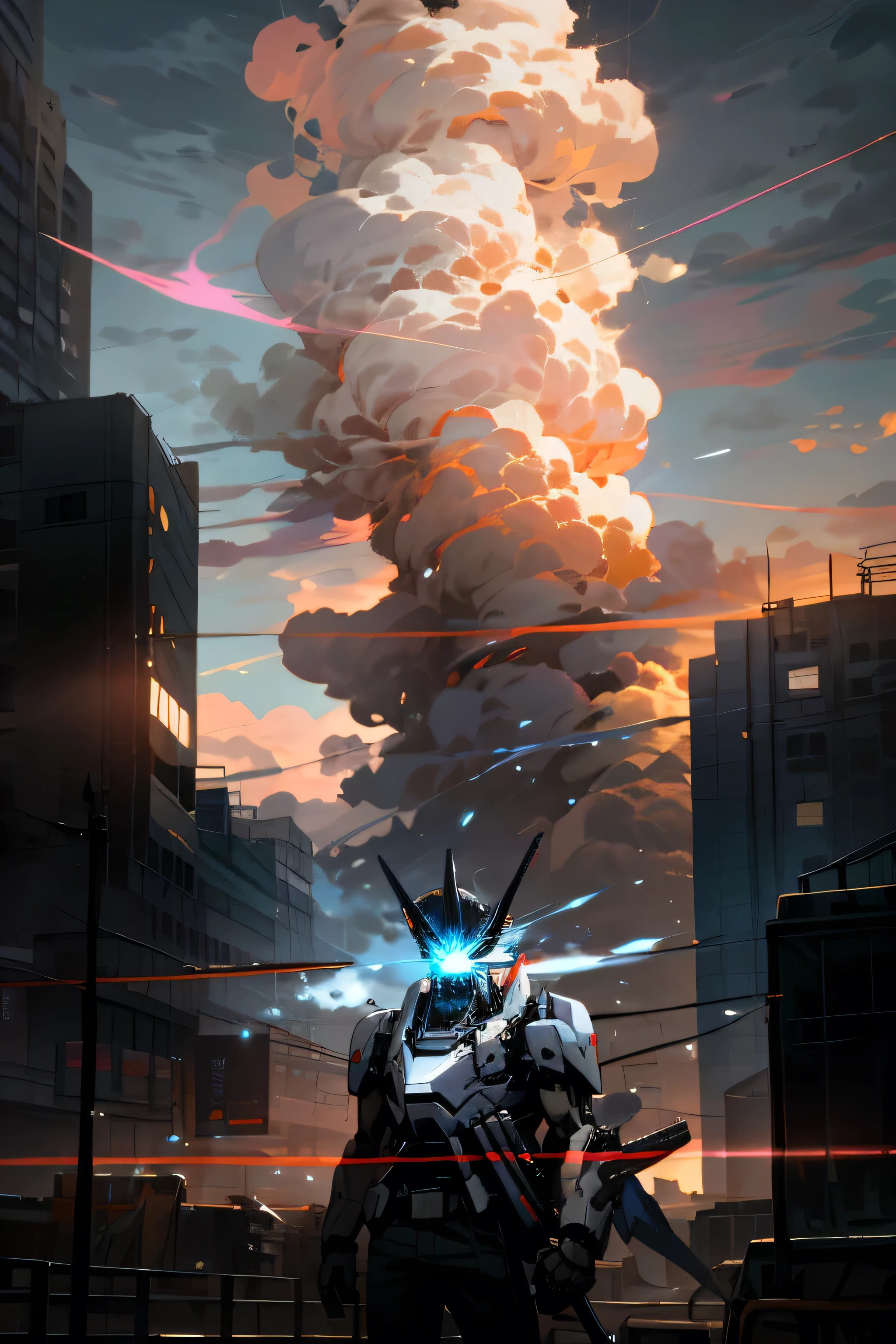 sky sky，cloud，Keep_arms，Luminescence，，hot，Gun Smoke Building，Luminescence_Eye，Mecha，novel，End of the World，City，realism