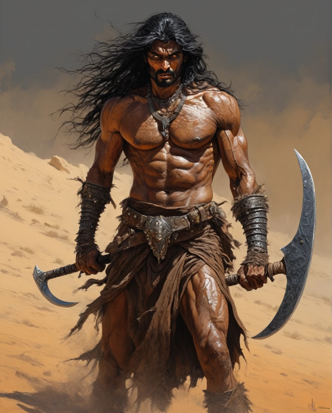 John Blanche Style, ((Best Quality, best resolution, award-winning portrait, official art)), ((perfect Masterpiece)), ((Realistic)) and ultra-detailed photography of a A fiercely raging Saudi Arabian Bedouin berserker, his battle axe gleaming with menace, depicted in the iconic art style reminiscent of Frank Frazetta and Moebius. This powerful warrior is portrayed in a digital painting, showcasing intricate details of his weathered leather armor, dark, untamed hair, and eyes ablaze with determination. The striking composition and vivid colors elevate the image to a mesmerizing work of art, capturing the essence of savage warfare with astounding realism and intensity.