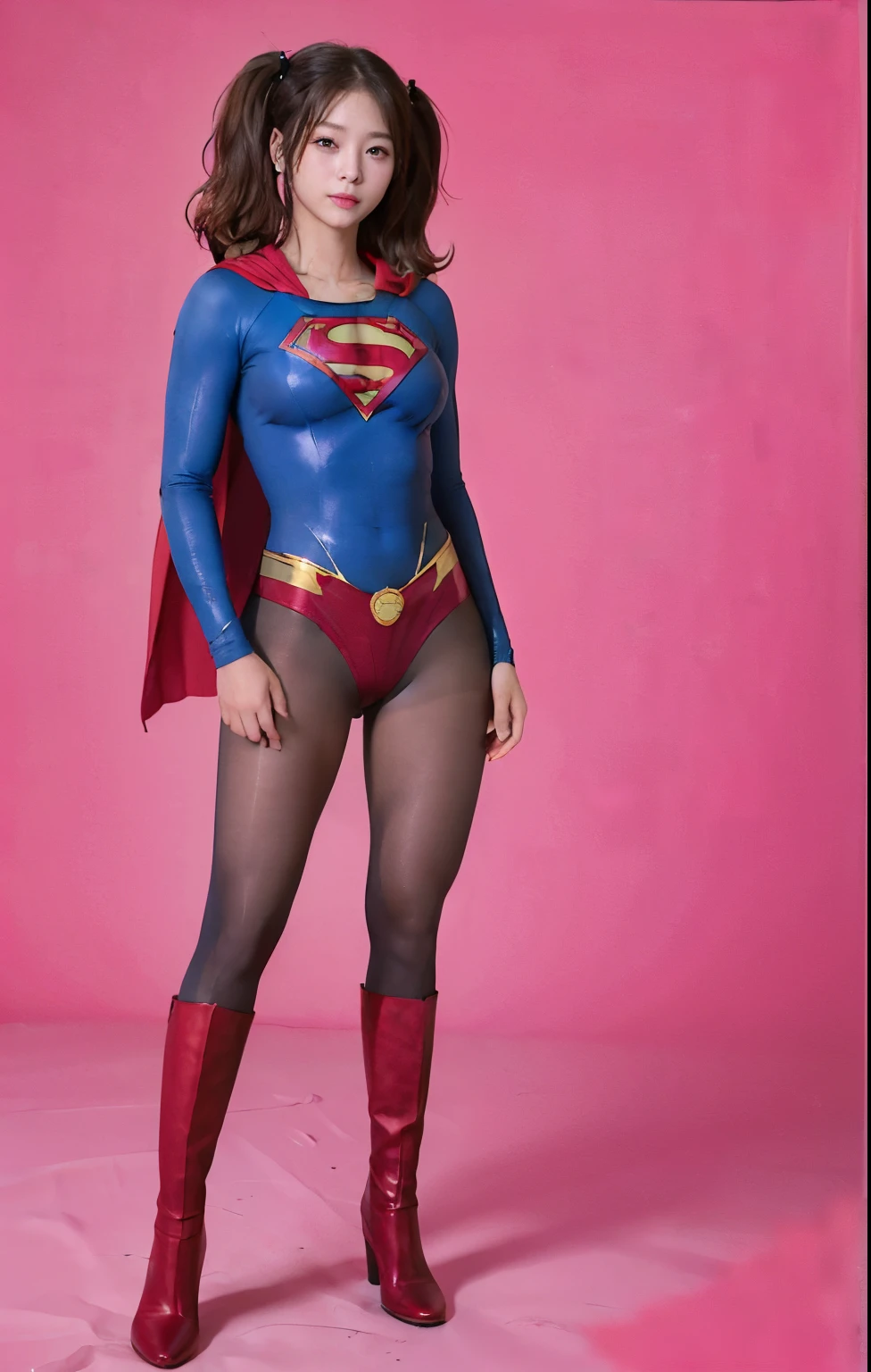 No background、(((Beautiful legs in black tights.)))、(((Legally express the beauty of your smile)))、((((Make the most of your original images)))、(((Supergirl Costume)))、(((Beautiful hair with twin tails)))、(((suffering)))、(((Please wear black tights....、Wear red boots)))、((Best image quality、8K))、((Highest quality、8K、masterpiece:1.3))、(((Preserve background )))、Sharp focus:1.2、Beautiful woman with perfect figure:1.4、Slim Abs:1.2、Wet body:1.5、Highly detailed face and skin texture、8K