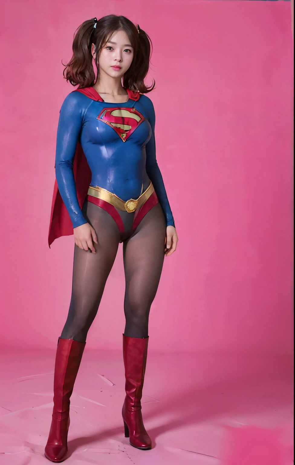 No background、(((Beautiful legs in black tights.)))、(((Legally express the beauty of your smile)))、((((Make the most of your original images)))、(((Supergirl Costume)))、(((Beautiful hair with twin tails)))、(((suffering)))、(((Please wear black tights....、Wear red boots)))、((Best image quality、8K))、((Highest quality、8K、masterpiece:1.3))、(((Preserve background )))、Sharp focus:1.2、Beautiful woman with perfect figure:1.4、Slim Abs:1.2、Wet body:1.5、Highly detailed face and skin texture、8K
