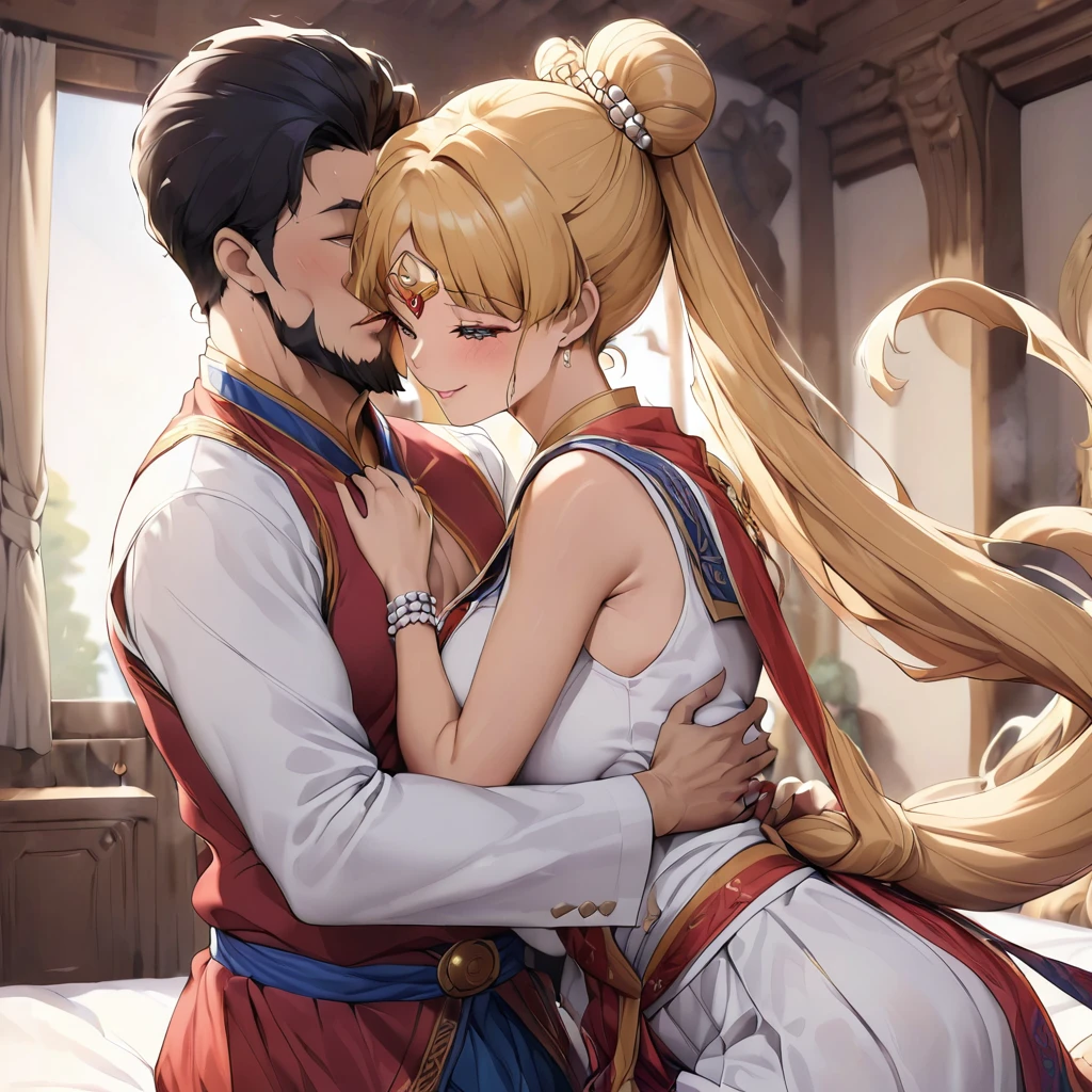 ((Highest quality)), ((masterpiece)), (detailed), (Perfect Face)、The woman is a Mongolian woman named Tsukino Usagi, and is wearing a gorgeous and colorful Mongolian traditional dress, Dale, in a Mongolian mansion, with gorgeous jeweled accessories and an engagement ring. The woman and the man are passionately embracing and kissing passionately the dignified, bearded, middle-aged Mongolian man wearing a Mongolian traditional dress on a gorgeous, large bed in a luxurious room, making passionate love as a married couple.、The woman is the elegant Tsukino Usagi, with her long blonde hair in a chignon twin tail, and wearing the colorful Mongolian national costume, the Mongolian Tsukino Usagi.、The man is a dignified, sturdy, bearded Mongolian man wearing Mongolian national dress.