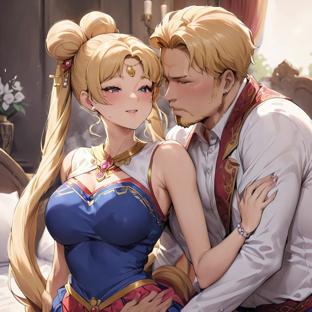((Highest quality)), ((masterpiece)), (detailed), (Perfect Face)、The woman is a Mongolian woman named Tsukino Usagi, and is wearing a gorgeous and colorful Mongolian traditional dress, Dale, in a Mongolian mansion, with gorgeous jeweled accessories and an engagement ring. The woman and the man are passionately embracing and kissing passionately the dignified, bearded, middle-aged Mongolian man wearing a Mongolian traditional dress on a gorgeous, large bed in a luxurious room, making passionate love as a married couple.、The woman is the elegant Tsukino Usagi, with her long blonde hair in a chignon twin tail, and wearing the colorful Mongolian national costume, the Mongolian Tsukino Usagi.、The man is a dignified, sturdy, bearded Mongolian man wearing Mongolian national dress.