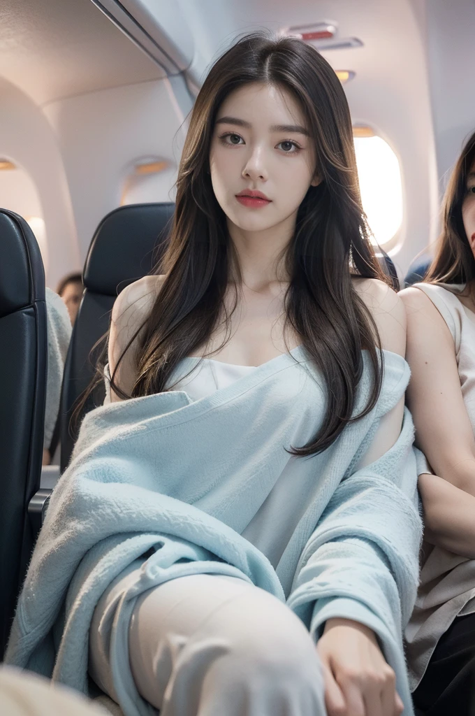 (((best quality))),(((ultra detailed))),(((masterpiece))),illustration,(a beautiful girl,female passenger,solo),((slim,thin,small breasts,flat chest)),summer night,((in airplane,economy class,indoor)),(blanket over shoulders:1.3),((dress)),(shoulder length straight hair:1.2),stars,moonlight,smooth flight,engine sound,lullaby,relaxed,excited,happy,visiting family,comfortable seats,soft fabric,headrests,adjustable,beauty of night sky,thinking about family,friends,dimmed lights,sleeping passengers,movies,personal screens,staying awake,magic of sky,joy of being with family,memorable journey,adventures,(surrounded by crowded crowds:1.3)