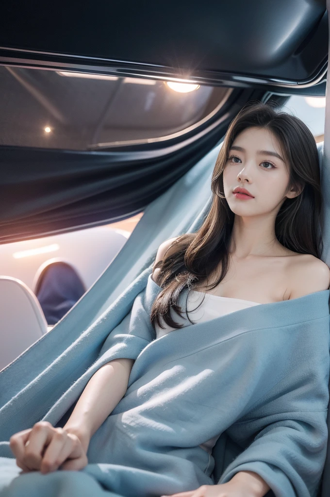 (((best quality))),(((ultra detailed))),(((masterpiece))),illustration,(a beautiful girl,female passenger,solo),((slim,thin,small breasts,flat chest)),summer night,((in airplane,economy class,indoor)),(blanket over shoulders:1.3),((dress)),(shoulder length straight hair:1.2),stars,moonlight,smooth flight,engine sound,lullaby,relaxed,excited,happy,visiting family,comfortable seats,soft fabric,headrests,adjustable,beauty of night sky,thinking about family,friends,dimmed lights,sleeping passengers,movies,personal screens,staying awake,magic of sky,joy of being with family,memorable journey,adventures,(surrounded by crowded crowds:1.3)
