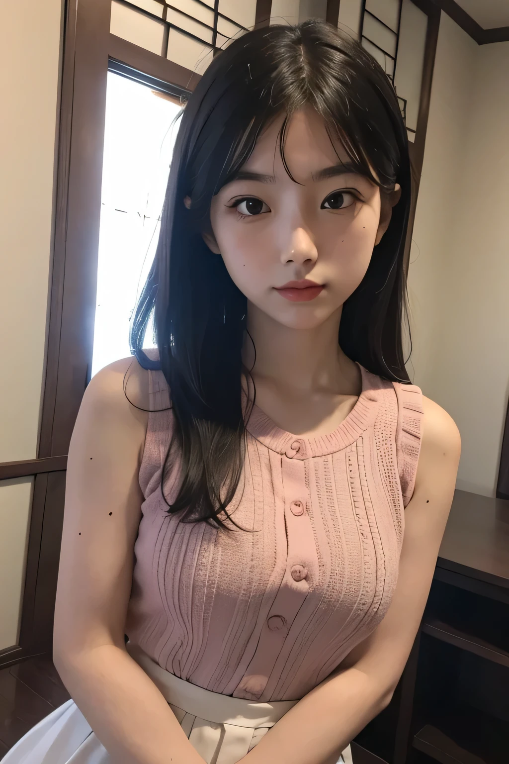 1 girl, 18 years old, Luna Rosa Williams, Japanese ancestry, some Caucasian ancestry, , 5'5” tall, Waist length hair, purple dyed hair, loose hair, blue colored eyes, bright glowing eyes, fleshy lips, pink lips, Fine body, adjusting, Curvy hips, modest breast, Small hands, Delicate hands, shy expression, bubbly, outgoing, brown sweater, black “My Chemical Romance” pajama pants
