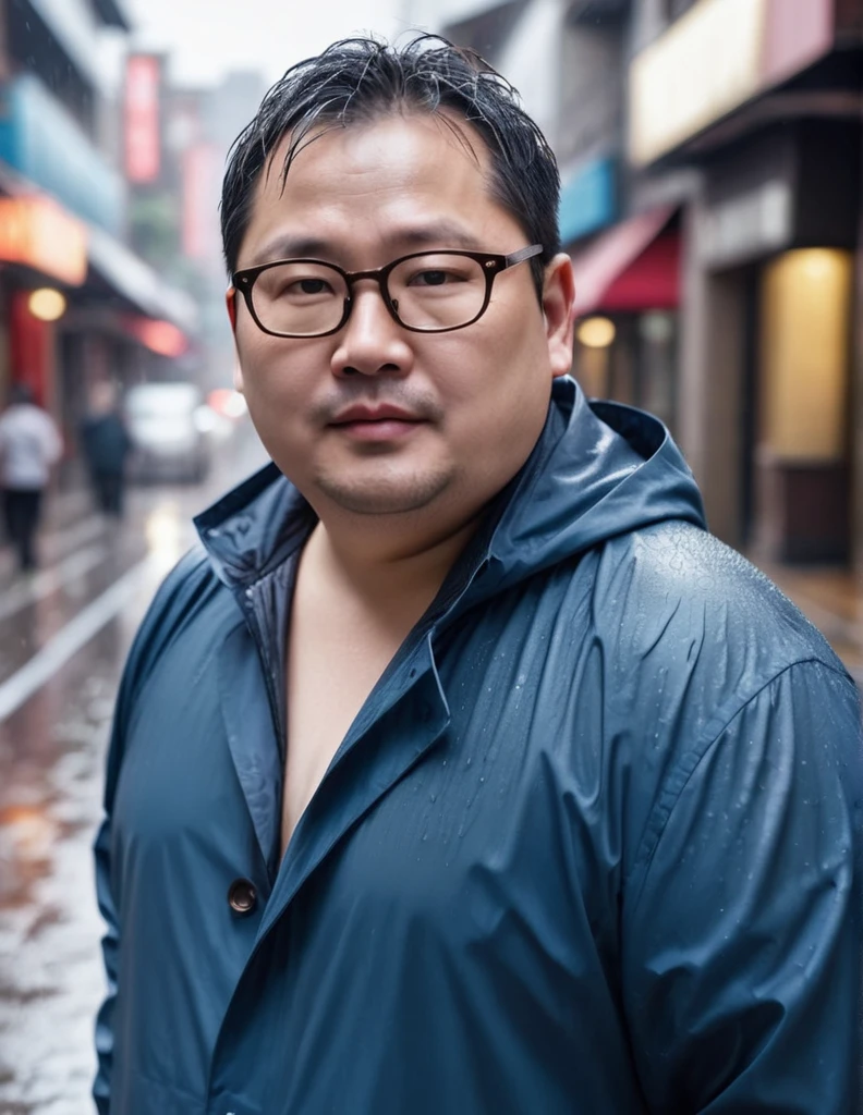 Professional photo, sharp 4K, top angle, beautiful light, Man 40 years old, Fat, Chubby, Asian, wearing glasses, no shirt, wearing a blue coat, Show belly, wet from the rain, walking on the street.