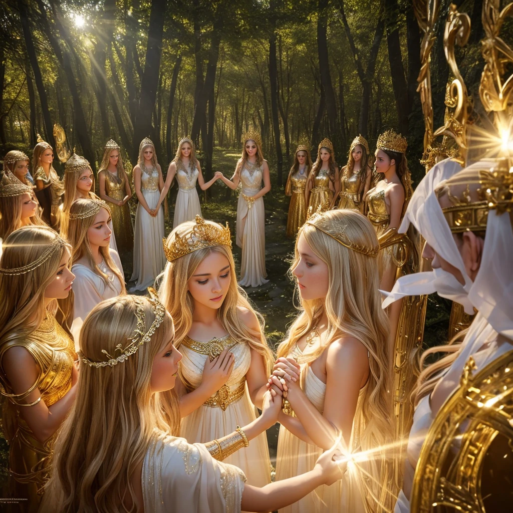 art photo, bust shot, Hyper rialistic photography, well-dressed faces, beautiful women in white and gold dresses wearing crowns, holding hands, surrounded by rays of light, forming a circle around Aphrodite, the Greek goddess of mythology, with a glowing halo overhead and a background ofEmily Balivet-esque fantasy forest. 