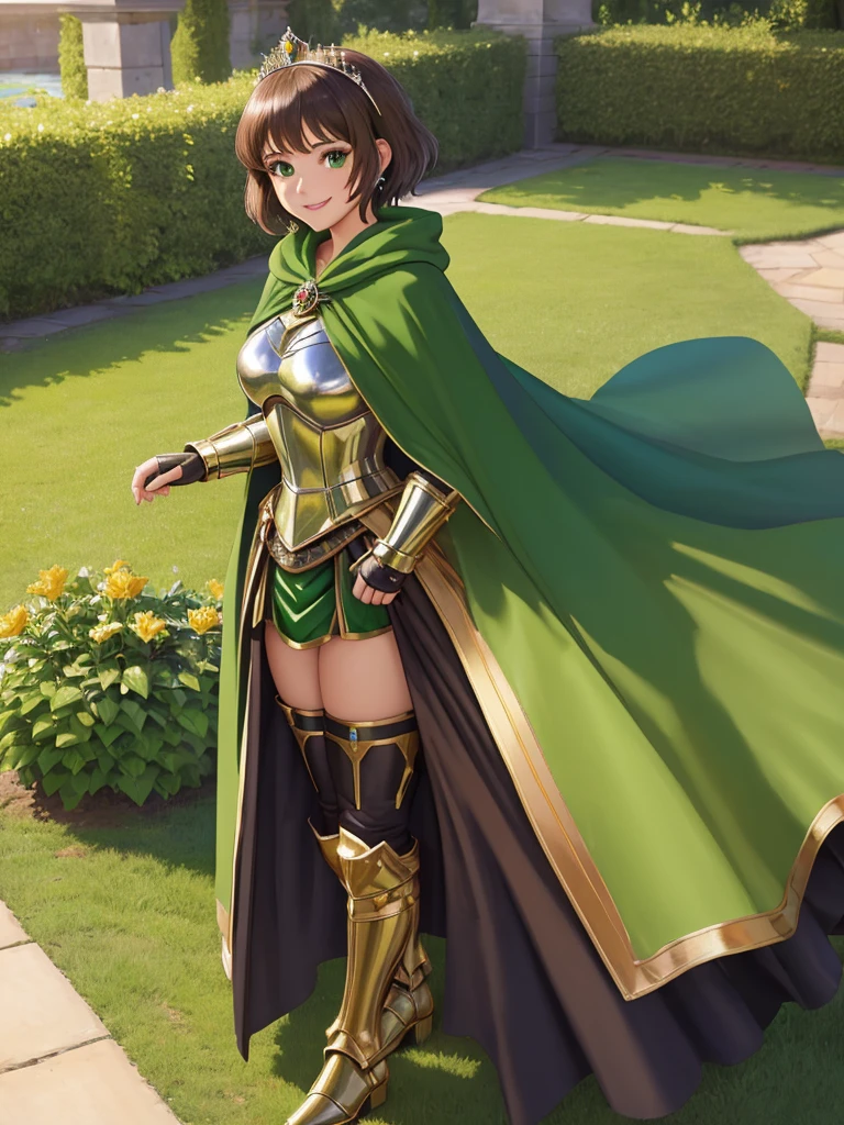 masterpiece, best quality:1.2), 1girl, smile, looking at viewer, green eyes, short brown hair, princess, armor, , pauldrons, armored dress, green cloak cape, wearing puffy blue ballgown skirt, golden tiara with green gem, armored boots, fingerless gloves, standing in medieval garden