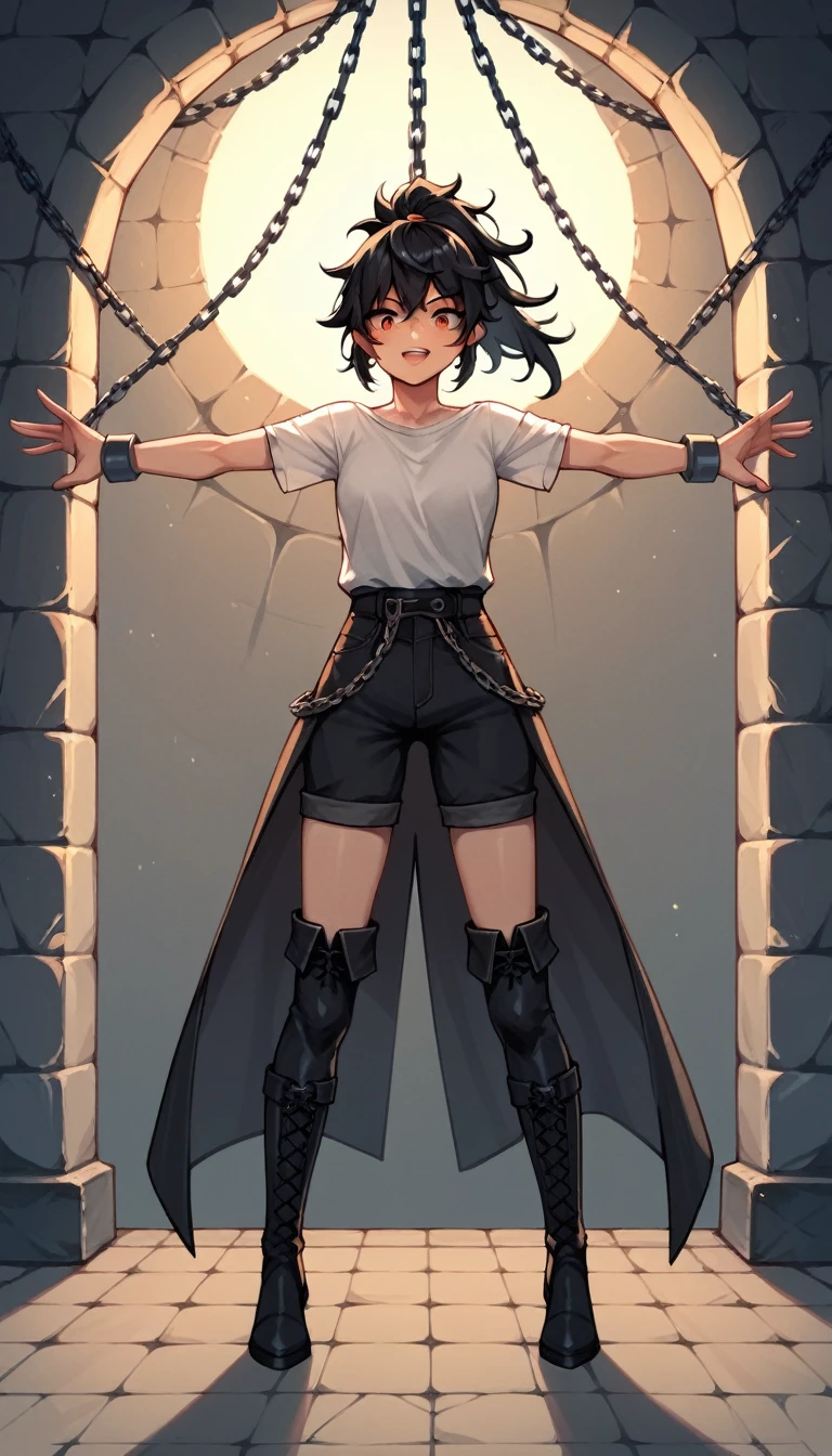 score_9, score_8_up, score_7_up, score_6_up, score_5_up, score_4_up, source_anime, 1girl,black hair,ponytail, orange eyes, w-w-chain, spread arms, messy hair, white shirt,pants,thigh high boots,red and black boots,w-w chain,dungeon, best quality, best res, 4K UHD,