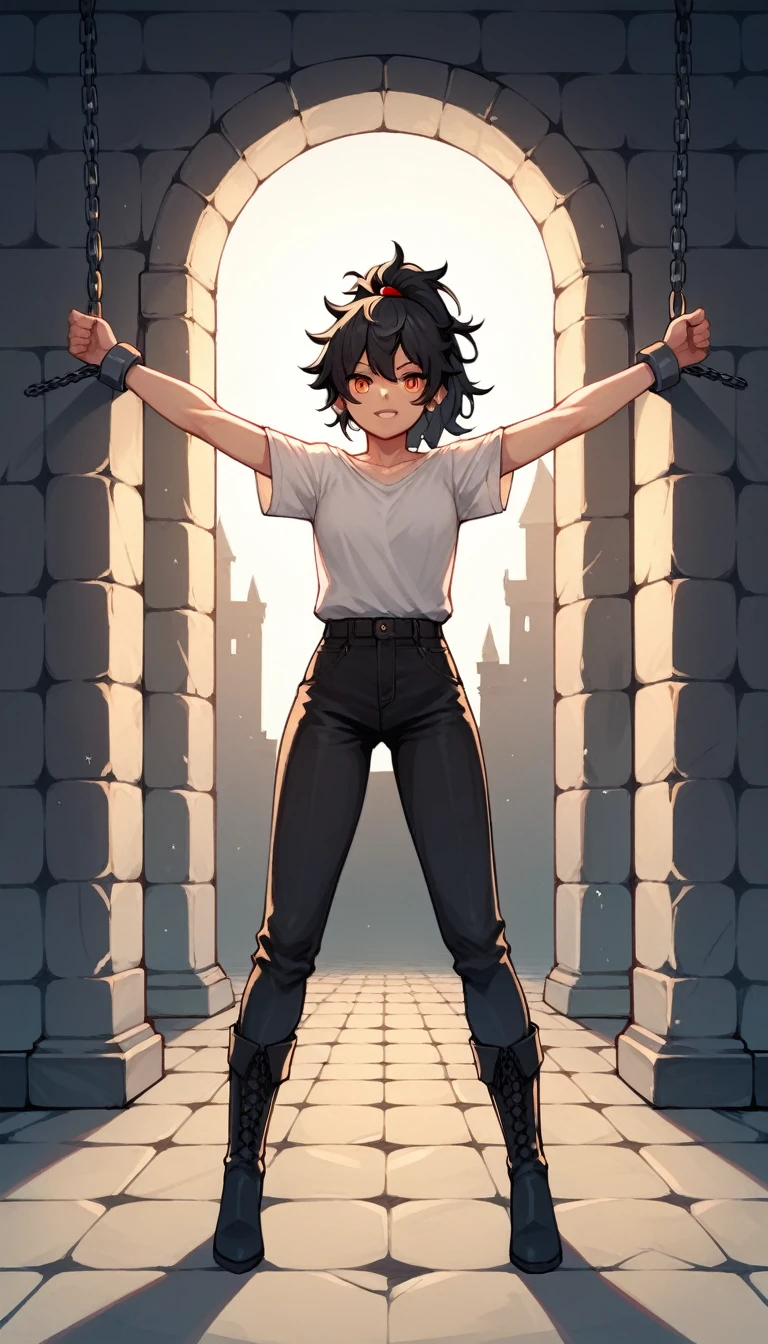score_9, score_8_up, score_7_up, score_6_up, score_5_up, score_4_up, source_anime, 1girl,black hair,ponytail, orange eyes, w-w-chain, spread arms, messy hair, white shirt,pants,thigh high boots,red and black boots,w-w chain,dungeon, best quality, best res, 4K UHD,