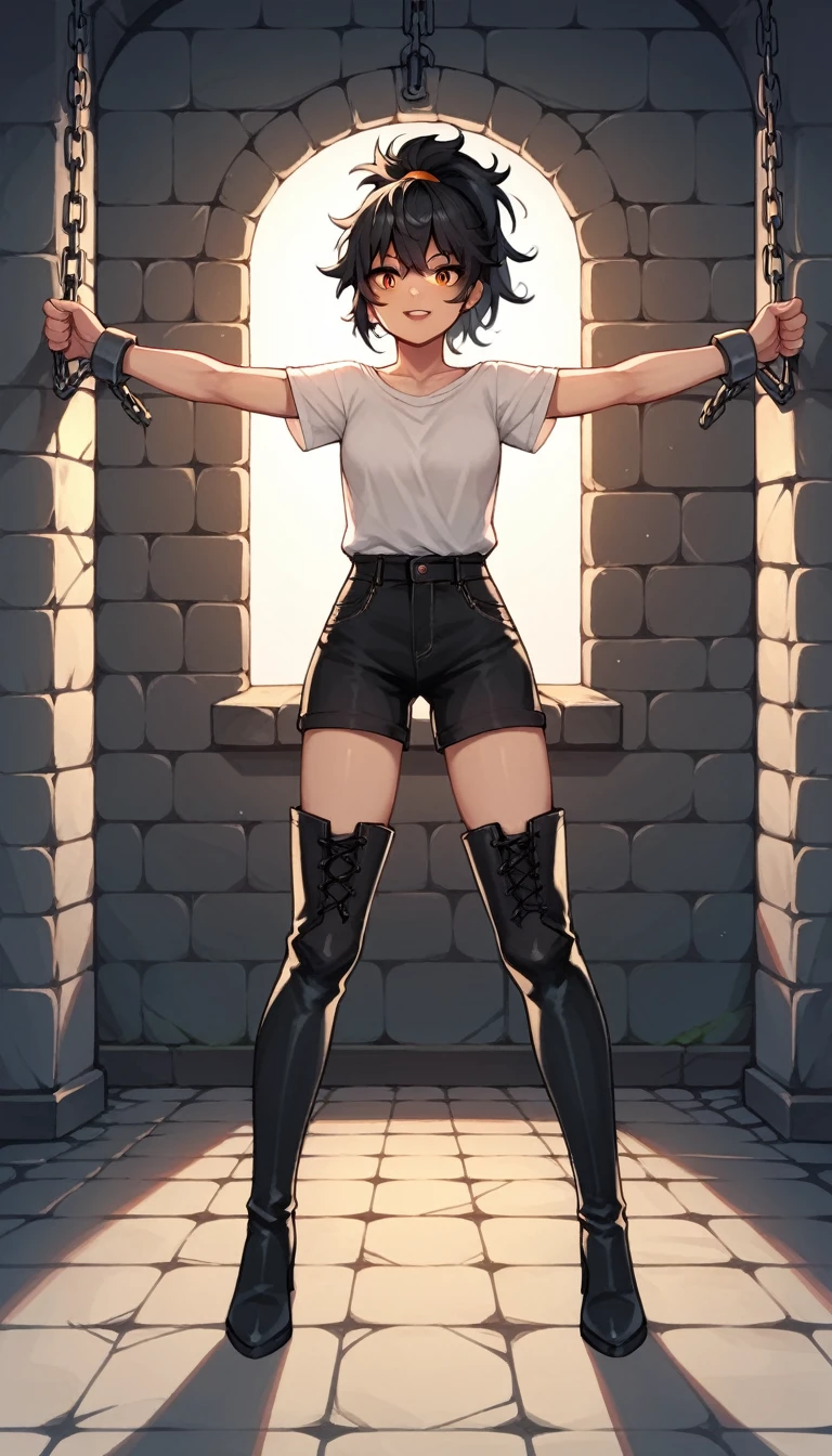 score_9, score_8_up, score_7_up, score_6_up, score_5_up, score_4_up, source_anime, 1girl,black hair,ponytail, orange eyes, w-w-chain, spread arms, messy hair, white shirt,pants,thigh high boots,red and black boots,w-w chain,dungeon, best quality, best res, 4K UHD,