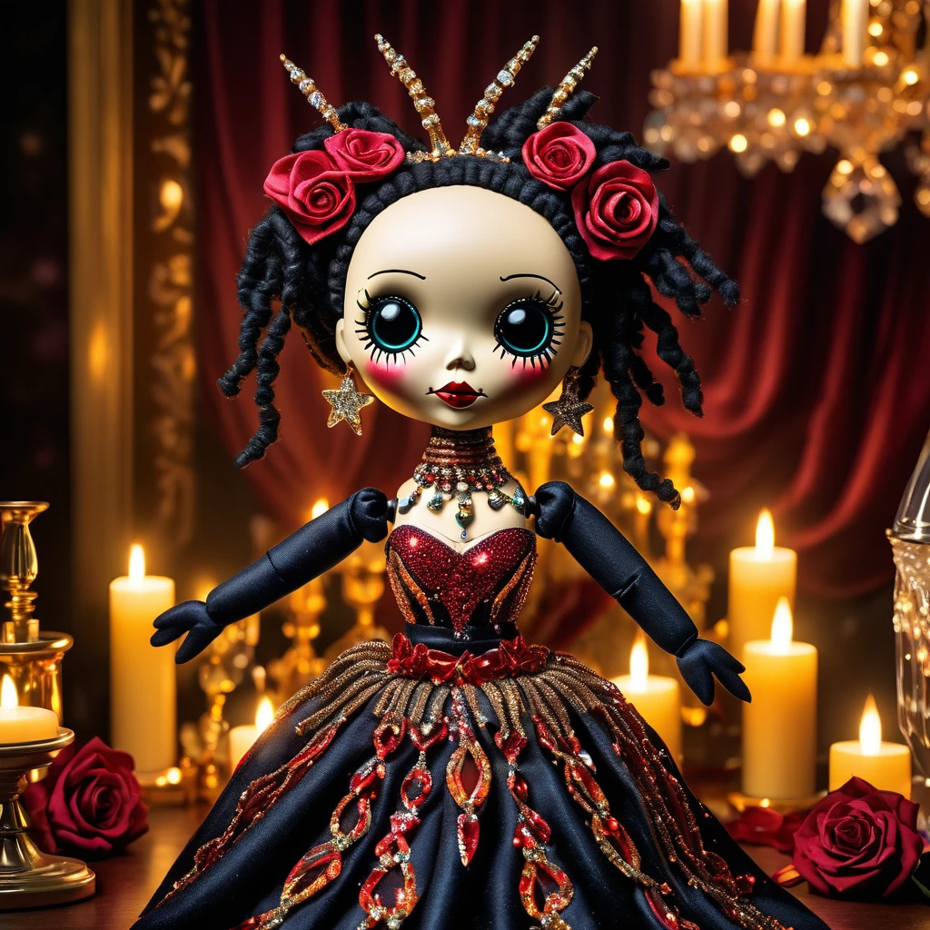 (knitted toy voodoo doll:1.5), (Voodoo Doll made of Rhinestones:1.3), (Clothing: shimmering attire with intricate rhinestone patterns:1.0), (Accessories: enchanted crystal emitting a dazzling glow, floating sparkling gems:1.1), (background: luxurious ballroom with chandeliers, glittering decor, and an atmosphere of opulence and glamour:1.2), best quality, masterpiece, detailed soft oil painting, detailed background, dramatic cinematic lighting, soft edge lighting, professional, dramatic lighting, hard edge lighting, ultra quality, 4k,masterpiece, best quality, 8k, ultra highres, highres, extremely detailed