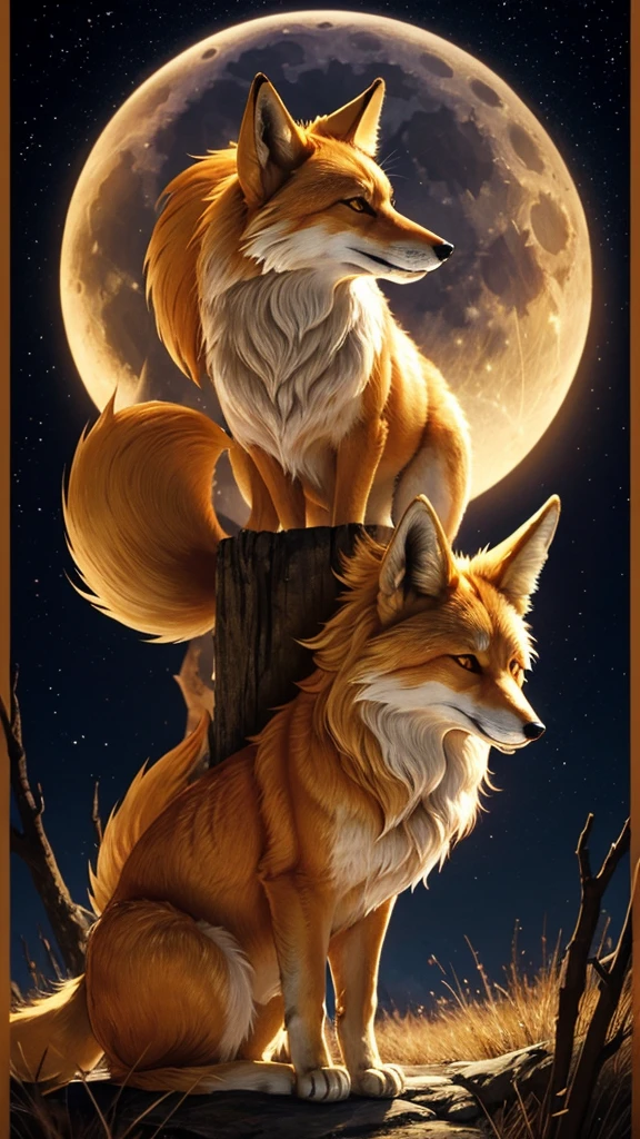 The golden fox howls on a full moon night
