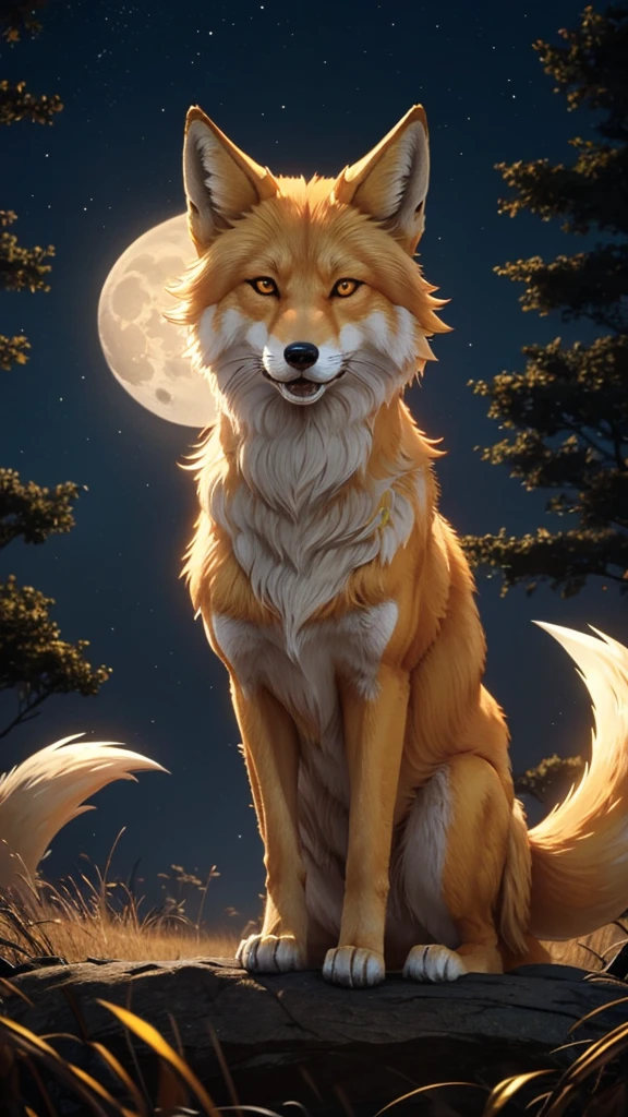 The golden fox howls on a full moon night