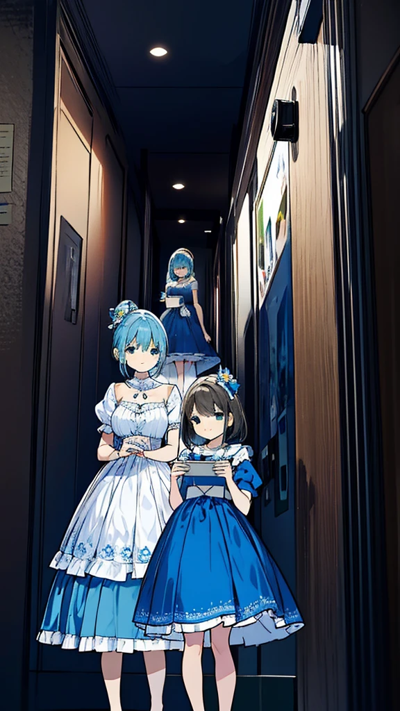 A group of girls in blue dresses taking pictures, happy birthday