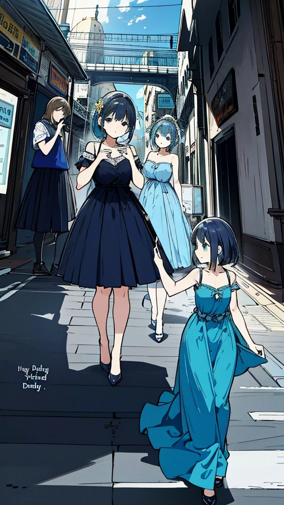 A group of girls in blue dresses taking pictures, happy birthday