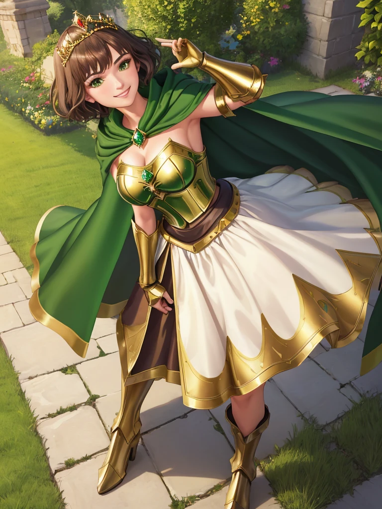 masterpiece, best quality:1.2), 1girl, smile, looking at viewer, green eyes, short brown hair, princess, armor, , pauldrons, armored dress, green cloak cape, wearing puffy blue ballgown skirt, golden tiara with green gem, armored boots, fingerless gloves, standing in medieval garden