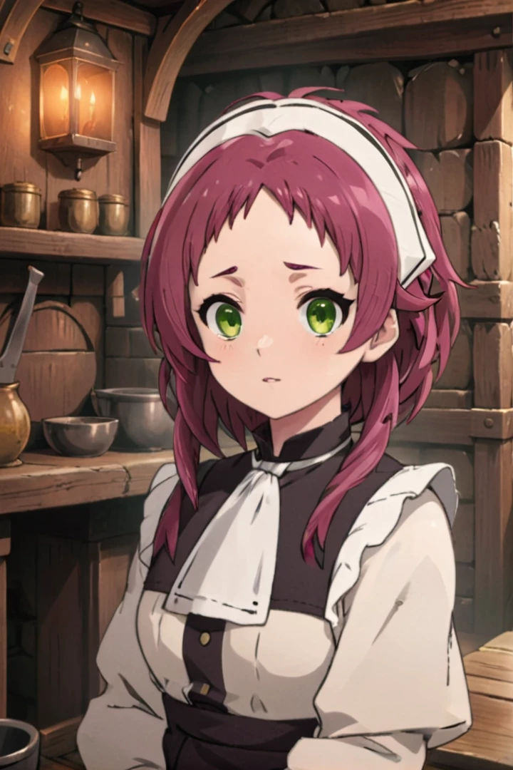 1 8-year-old girl, (Aisha Greyrat), Standing in a medieval tavern and looking at the viewer,  Her face is fine and smooth, Her eyes are super small, masterpiece,
, Green Eyes, Redhead, , Maid, White Hairband, 
Soft lighting and detailed environments、Create immersive environments that inspire your imagination。,
Draw in the style of Mushoku Tensei,
Ultra-detailed, High-quality visuals, Dim lighting, Sharply focused, Octane Rendering, 8K Ultra HD、（（Leaning forward、Breast flash））